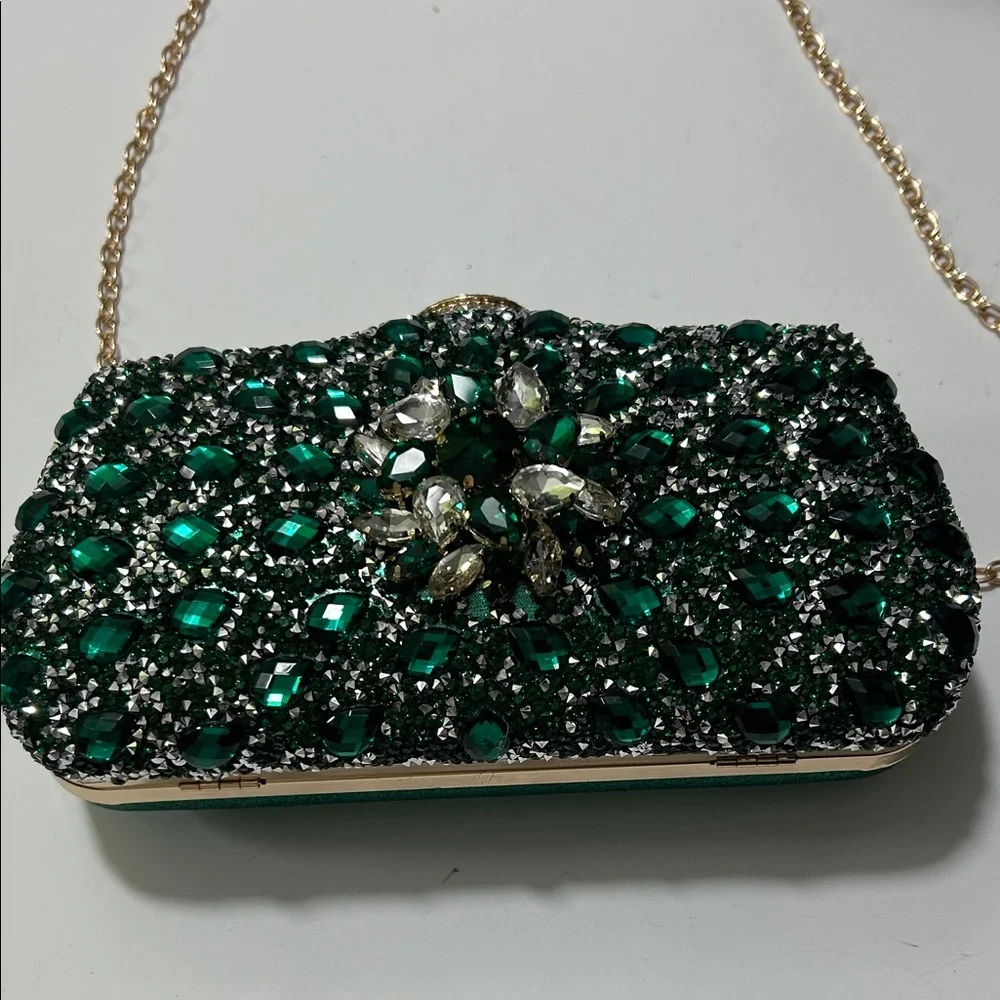 Emerald Crystal Evening Clutch with Gold Chain - Picture 2 of 16